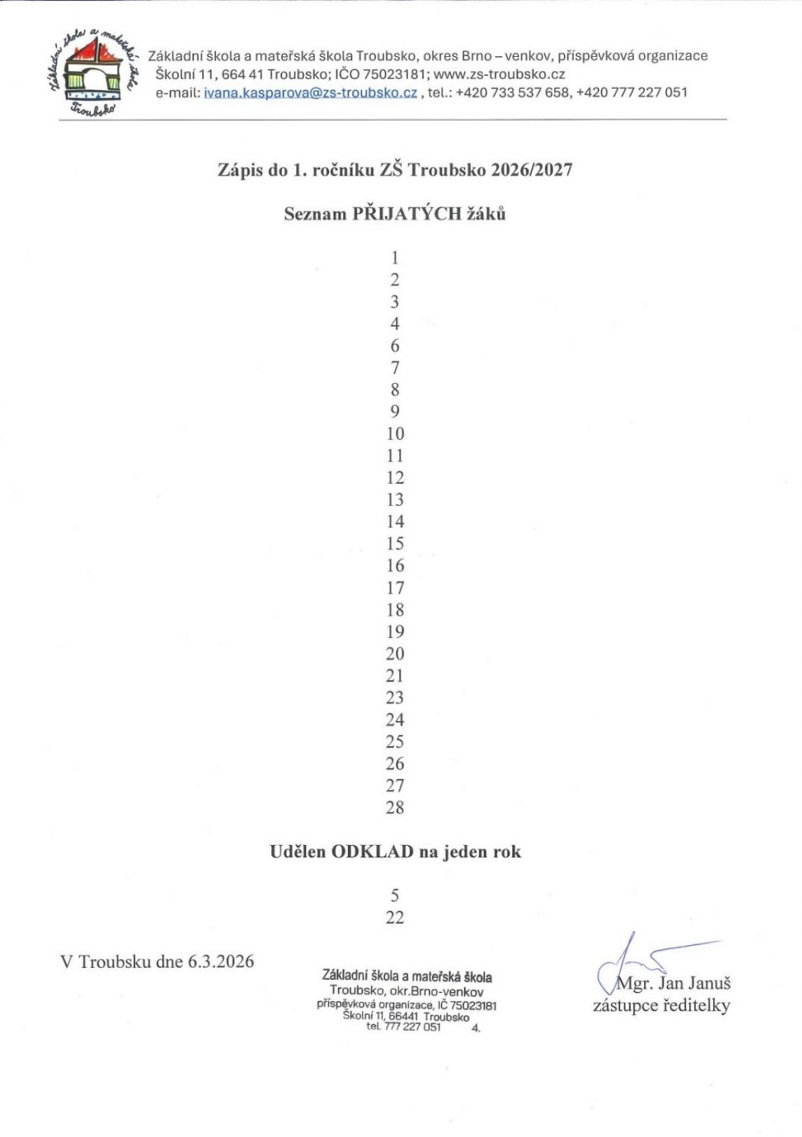 Zápis do 1. ročníku - rozhodnutí o přijetí